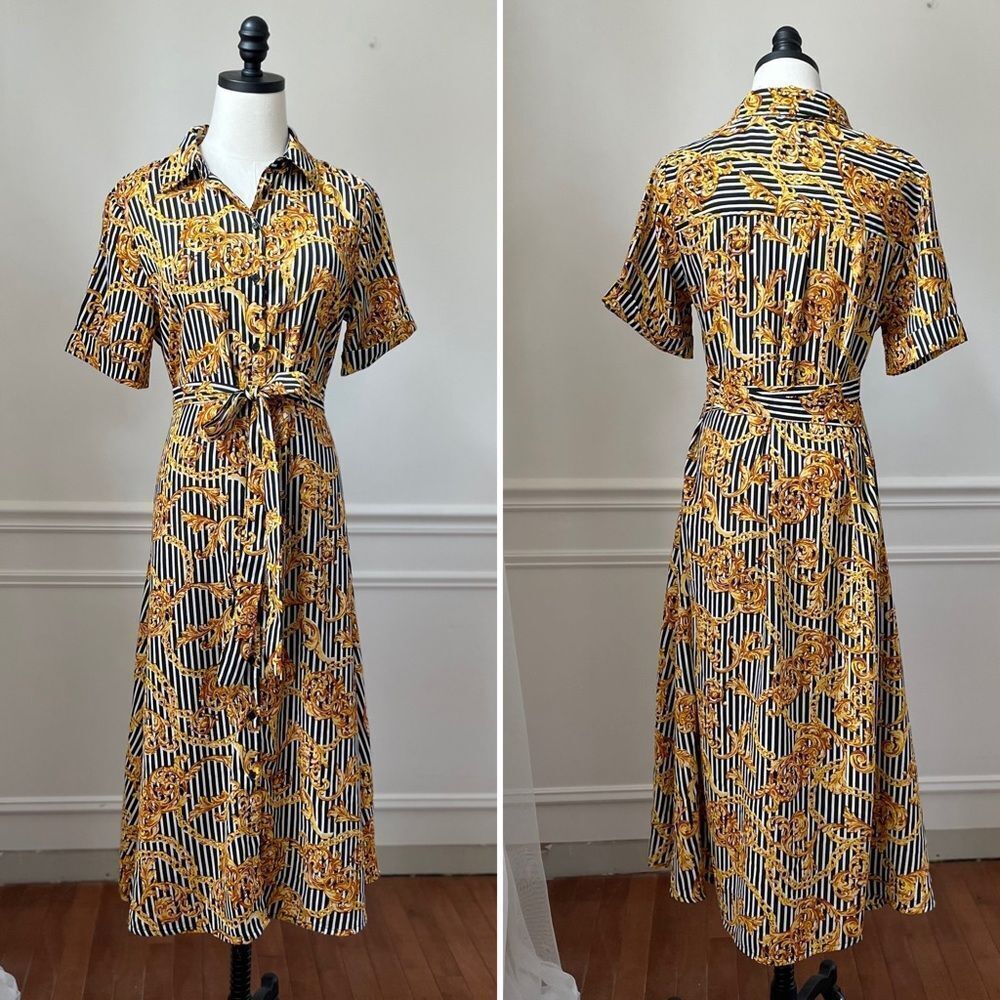 Walter Baker Button Front Shirt Dress Stripe Chain Filagree 6